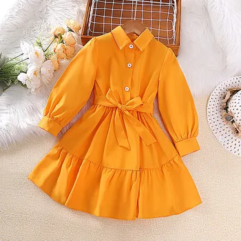 Детское повседневное платье для девочек, одежда 2023, Весна-осень, новое желтое платье-рубашка принцессы с длинными рукавами для малышей, модное детское платье от 2 до 8 лет