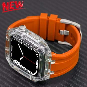 Прозрачный Чехол для Apple Watch Band 45 мм 44 мм Роскошный Комплект Модификации Корпуса для Iwatch Серии 8 7 6 SE 5 4 Спортивный Резиновый Ремешок