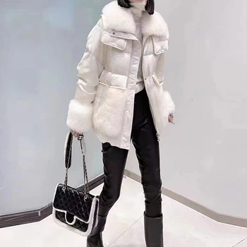 Зимние женские куртки из белого гусиного пуха 2023 года с натуральным овечьим мехом, роскошные шерстяные свободные женские пуховики, короткая верхняя одежда, Новая мода